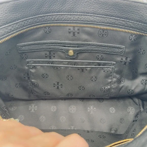 Tory Burch Meyer Plaque Pebbled Leather Tote Bag in Black - Picture 11 of 16
